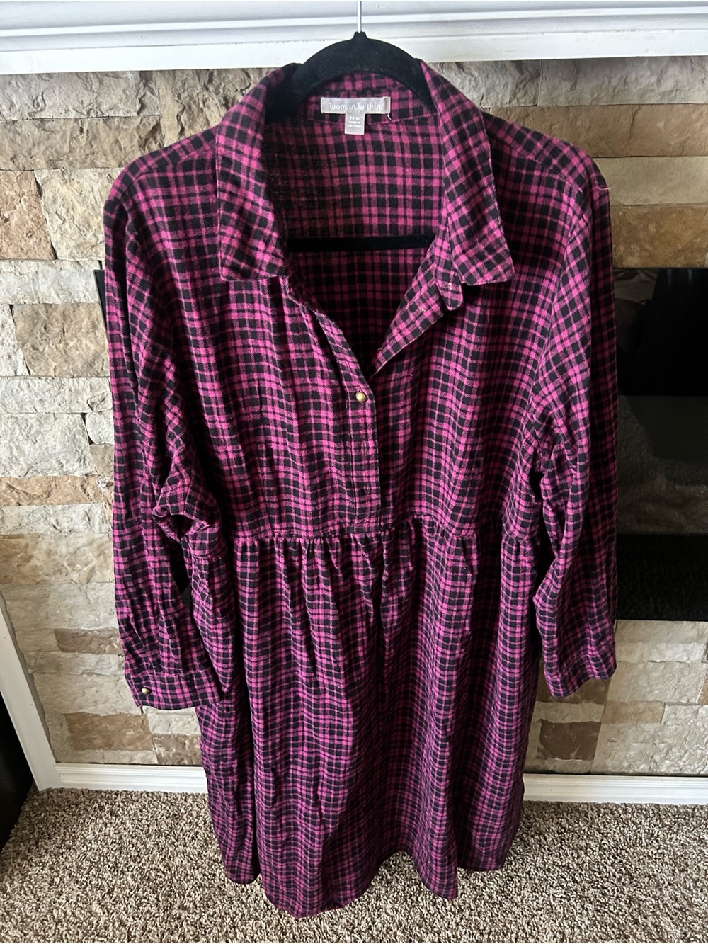 Woman Within Curvy Pink and Black Plaid Button-Front Tunic Dress Boho